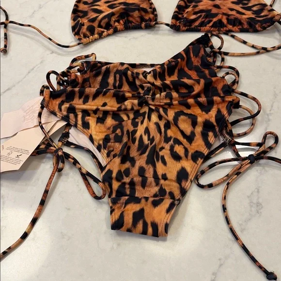 Leopard Print Halter Bikini Top and High-Waist Bottom - Tan - Picture 6 of 7